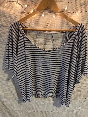 Lucky Brand Navy and White Striped Scoop-Neck Short Sleeve Top